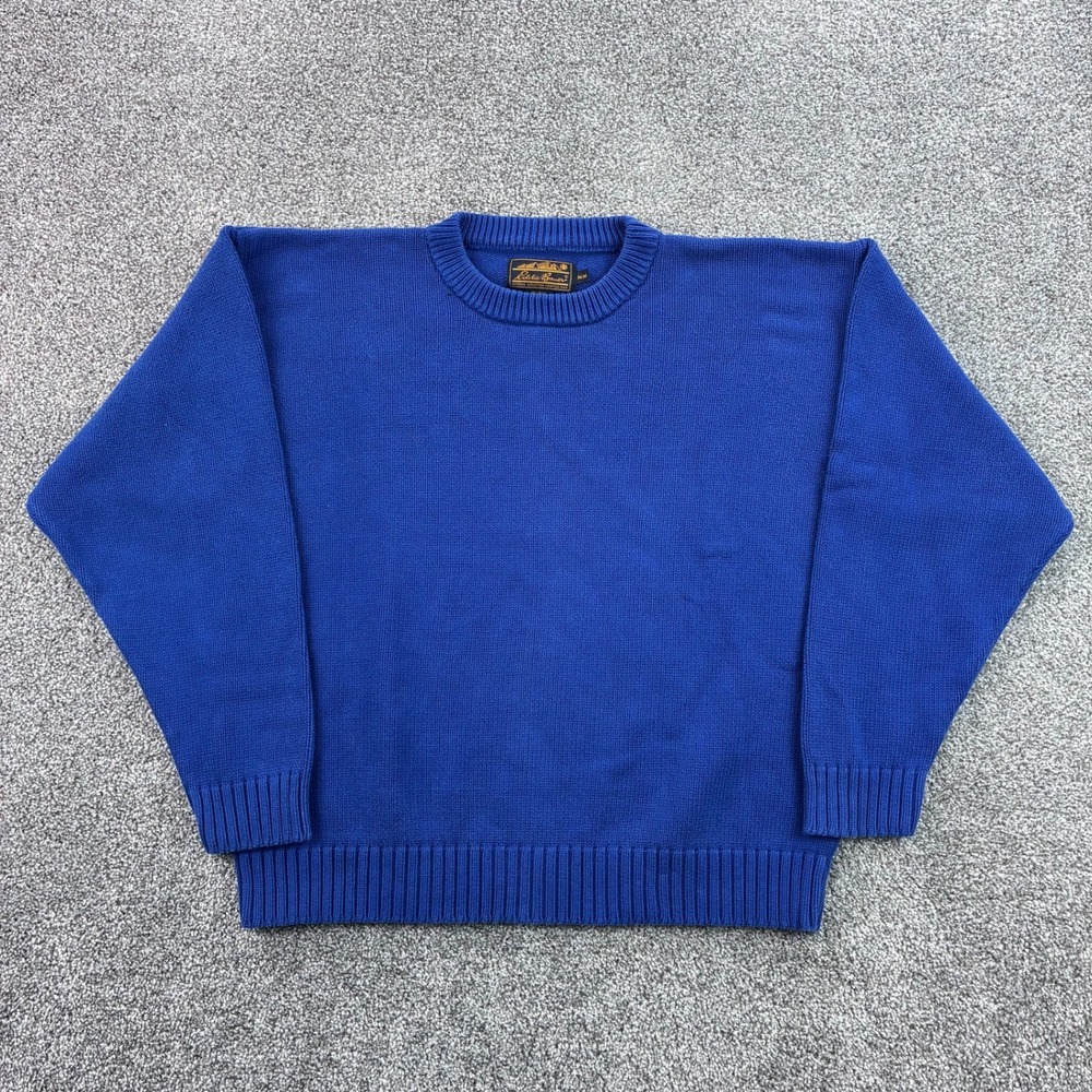Vintage Eddie Bauer Sweater Mens M Blue Cotton Crewneck Knit Fisherman Chunky